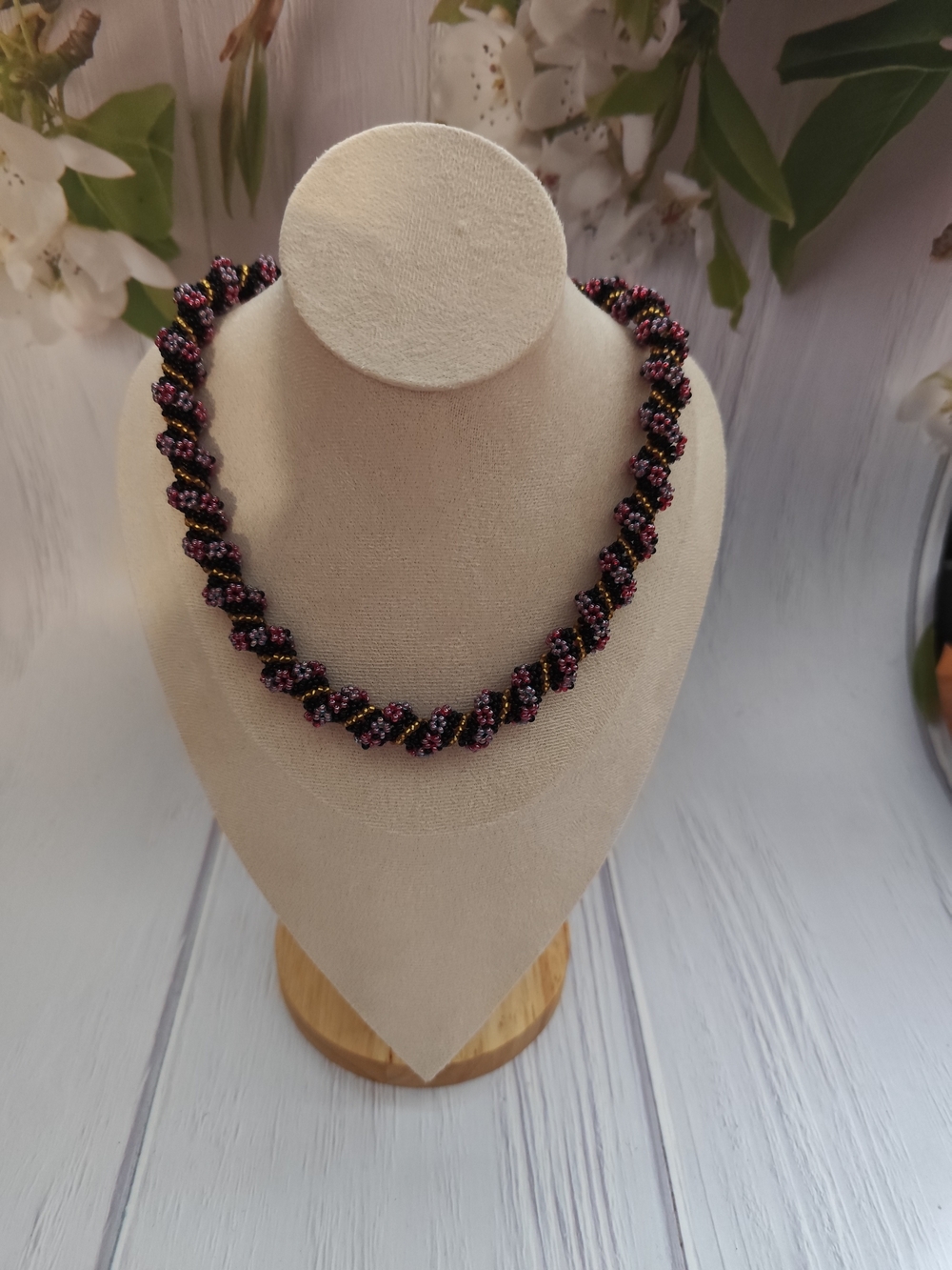 Handcrafted Spiral Bead Necklace in Black and Pink